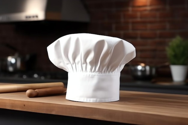 Cappello da cuoco bianco sul tavolo della cucina e spazio per la copia per la decorazione Fotografia pubblicitaria