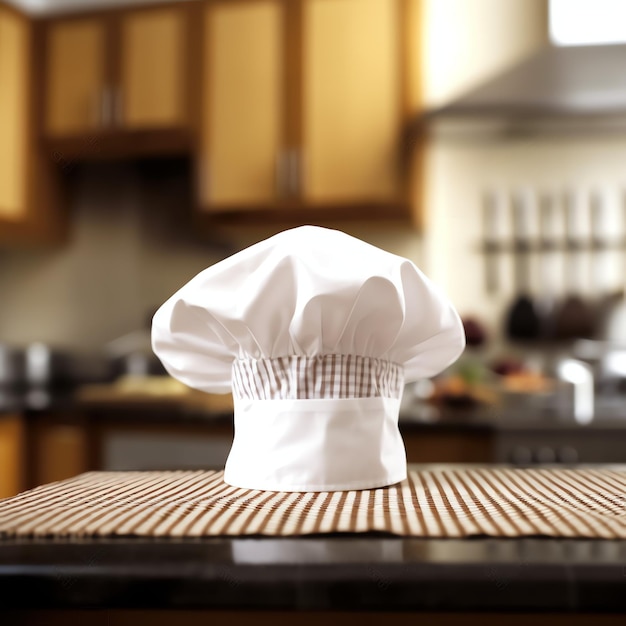 Cappello da cuoco bianco sul tavolo della cucina e spazio per la copia per la decorazione Fotografia pubblicitaria