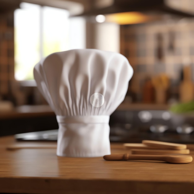 Cappello da cuoco bianco sul tavolo della cucina e spazio per la copia per la decorazione Fotografia pubblicitaria