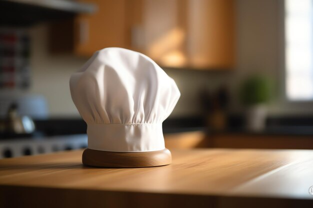 Cappello da cuoco bianco sul tavolo della cucina e spazio per la copia per la decorazione Fotografia pubblicitaria