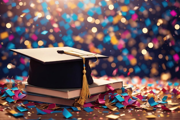 Cappello da laurea e libri con sfondo di coriandoli ai creativi