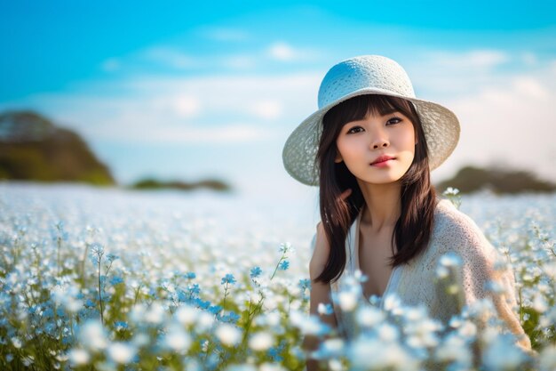 Cappello da portare della donna asiatica nel giacimento di fiore con cielo blu