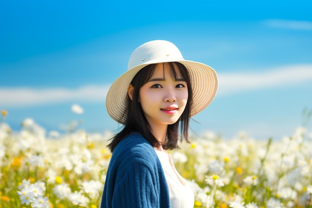 Cappello da portare della donna asiatica nel giacimento di fiore