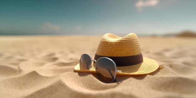 Cappello da spiaggia in paglia e occhiali da sole sulla sabbia Concetto di posto vacante estivo AI generato