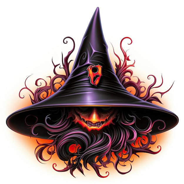 Cappello da strega Illustrazione di Halloween Disegno di tatuaggio horror spaventoso Vettore isolato adesivo fantasia