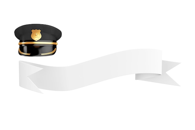 Cappello da ufficiale di polizia con distintivo dorato su nastro bianco per il tuo segno su sfondo bianco. Rendering 3D