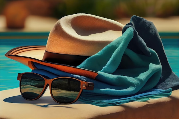 Cappello da vacanza Occhiali da sole e asciugamano da piscina Accessori per le vacanze Illustrazione ai generativa astratta