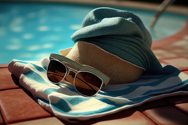 Cappello da vacanza Occhiali da sole e asciugamano da piscina Accessori per le vacanze Illustrazione generativa astratta di Ai