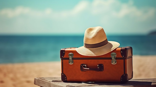 Cappello da valigia e accessori sul pavimento in legno con sfondo marino Concetto di viaggio IA generativa