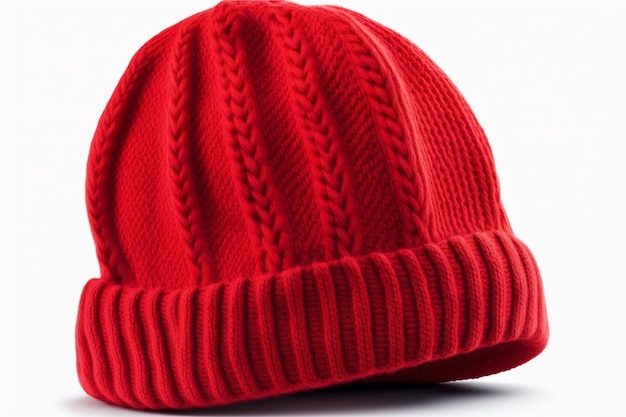 Cappello di lana lavorato a maglia rosso isolato su bianco