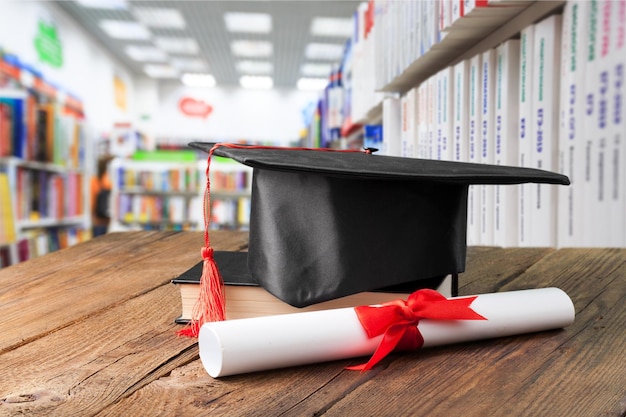 Cappello di laurea con libro sul tavolo di legno sullo sfondo dell'aula