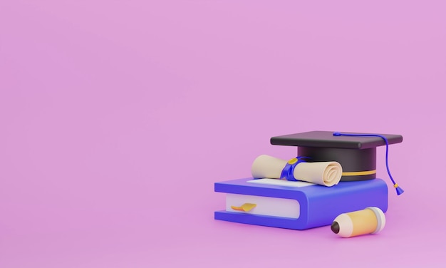 Cappello di laurea e icona del diploma in stile cartone animato con illustrazione di rendering 3d di libro e matita