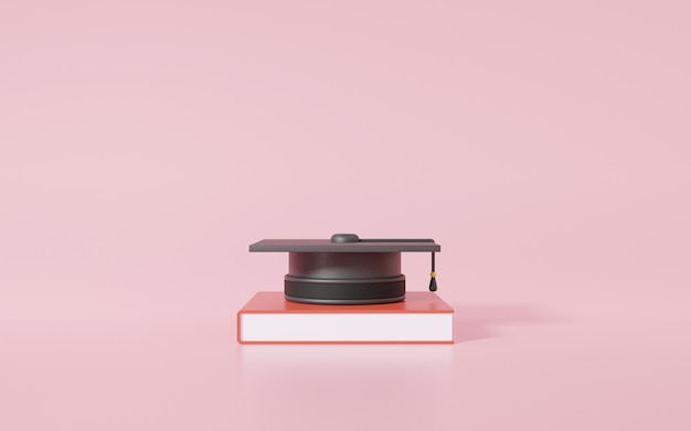 Cappello di laurea e libro Concetto di istruzione. sfondo rosa per il modello di pagina dell'applicazione del sito Web banner. rendering 3D