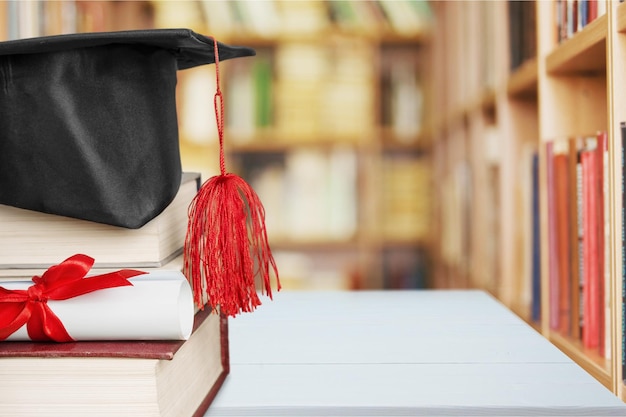 Cappello di laurea su una pila di libri e diploma