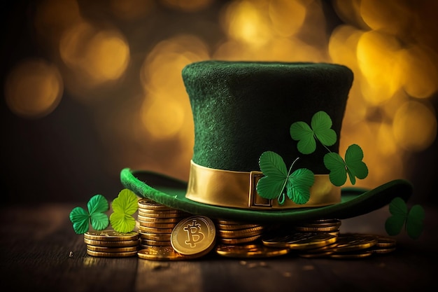 Cappello di leprechaun con un mucchio di monete d'oro e una foglia di trifoglio