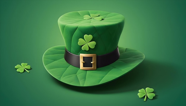 Cappello di leprechaun di San Patrizio e foglie di trifoglio sullo sfondo