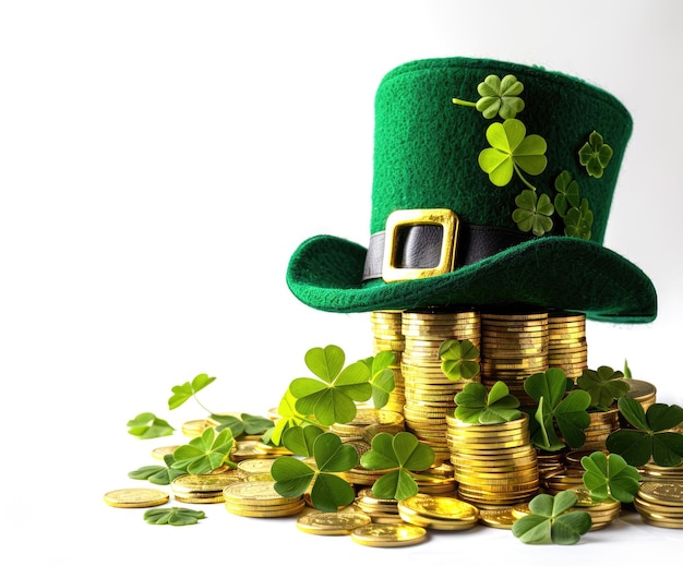 Cappello di leprechaun verde su un mucchio di monete d'oro disegno del giorno di San Patrizio