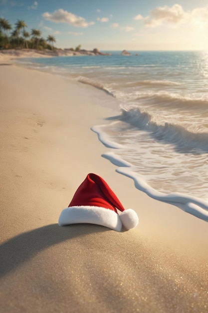 Cappello di Natale sulla spiaggia con un cielo azzurro e il mare sullo sfondo carta da parati natalizia
