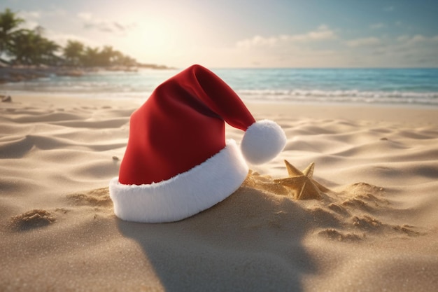 Cappello di Natale sulla spiaggia con un cielo azzurro e il mare sullo sfondo carta da parati natalizia