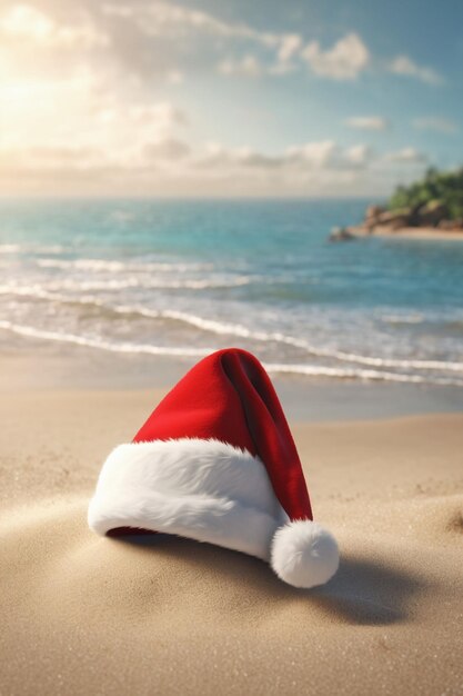 Cappello di Natale sulla spiaggia con un cielo azzurro e il mare sullo sfondo carta da parati natalizia