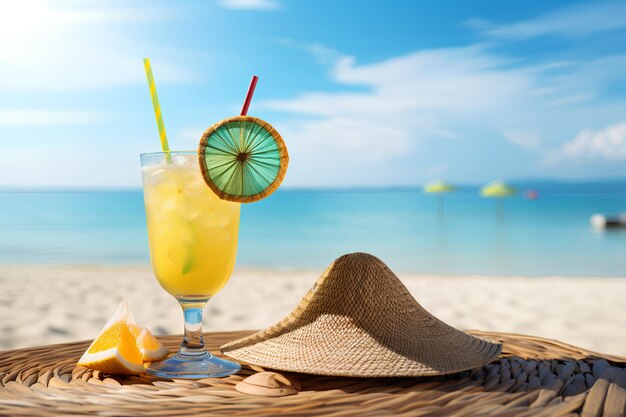 Cappello di paglia con cocktail esotici e occhiali da sole sulla sabbia