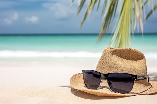 Cappello di paglia con occhiali da sole sulla spiaggia sullo sfondo estivo generato da Ai