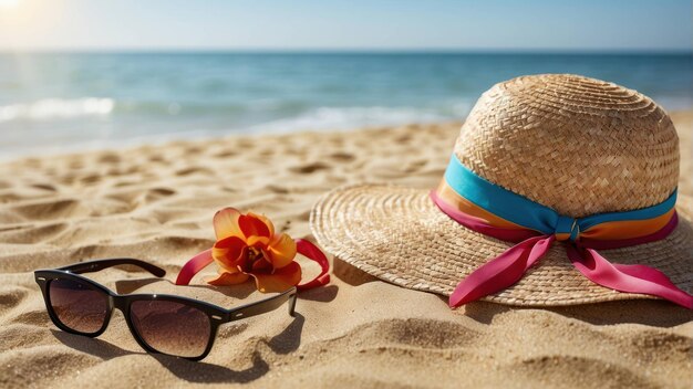 Cappello di paglia e occhiali da sole sulla spiaggia sabbiosa