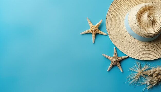 Cappello di paglia e stella di mare posti davanti a uno sfondo blu tema di viaggio estivo