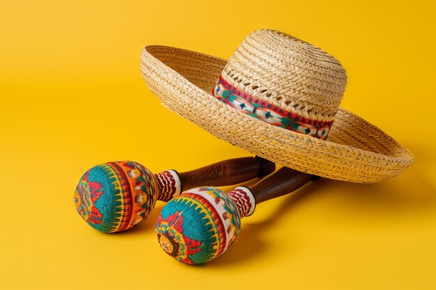 cappello di paglia messicano e studio giallo maracas