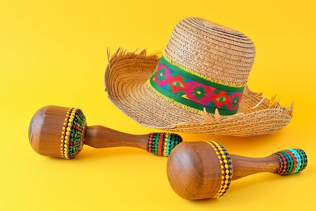 cappello di paglia messicano e studio giallo maracas