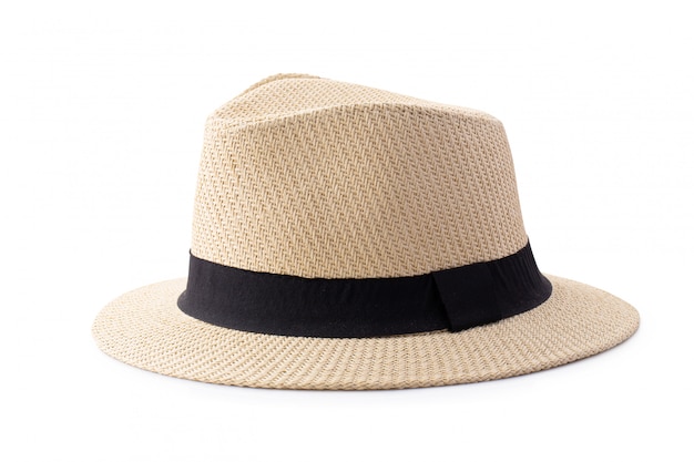 Cappello di paglia vintage con nastro nero per uomo isolato su sfondo bianco.