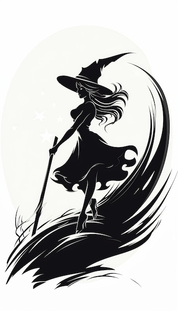 cappello di scopa bianca da strega che vola in cielo linea nera silhouette di curve attraenti malvagio chiaro di luna occidentale