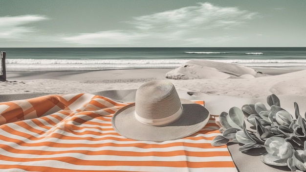 Cappello e asciugamano sulla sabbia della spiaggia Scena di vacanza con cappello di paglia sulla linea di riva Generative AI