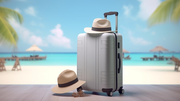 cappello e bagaglio per viaggiare in spiaggia