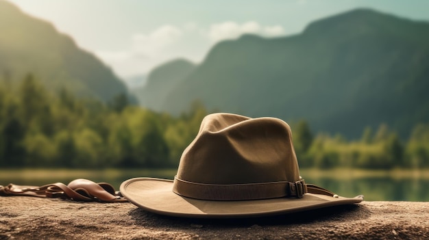 Cappello e catena su una roccia vicino al lago