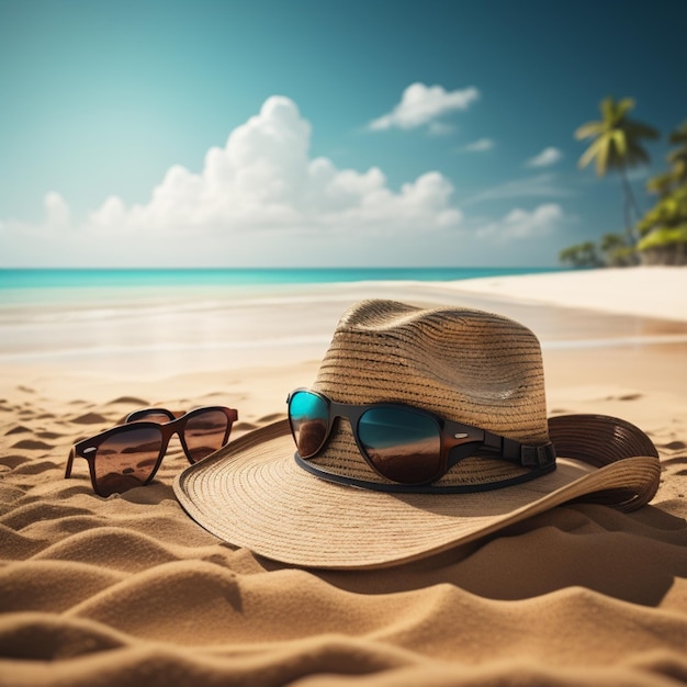 Cappello e occhiali da sole sulla spiaggia di sabbia viaggio estivo vacanze felici vacanze estive concetto cappello e mare