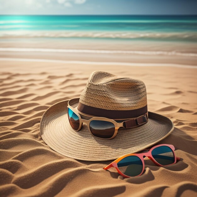 Cappello e occhiali da sole sulla spiaggia di sabbia viaggio estivo vacanze felici vacanze estive concetto cappello e mare