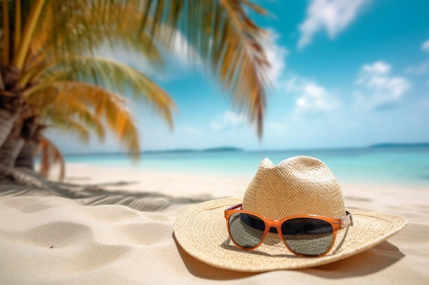 Cappello e occhiali da sole sulla spiaggia