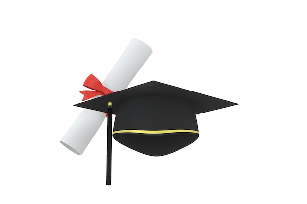 Cappello laureato con diploma da parte su sfondo bianco rendering 3d