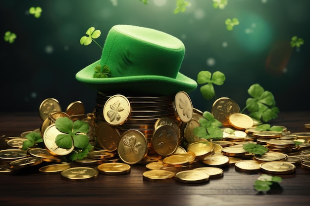 Cappello leprechaun verde con monete d'oro e foglie di trifoglio per il giorno di San Patrizio