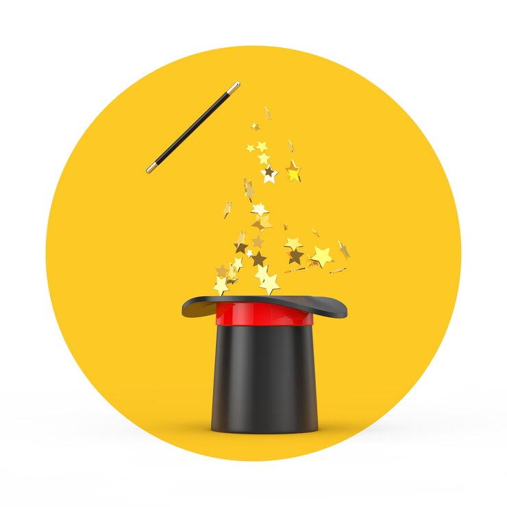 Foto cappello magico e bacchetta magica con scintillii su sfondo bianco e giallo. rendering 3d