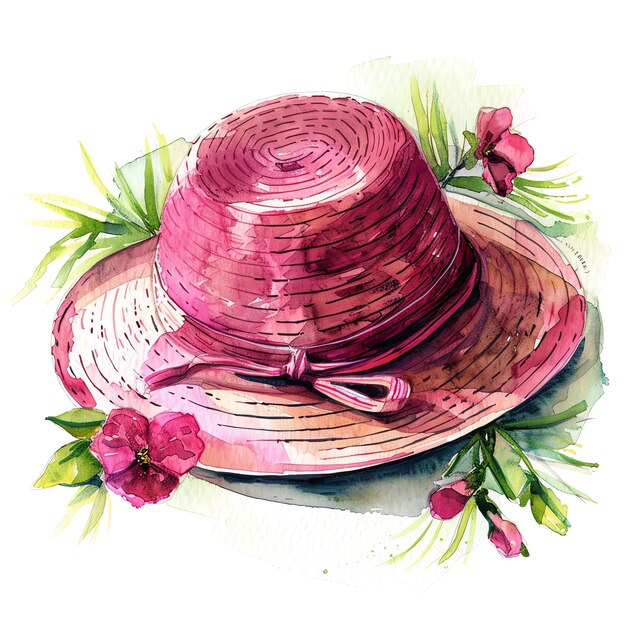 cappello solare acquerello rosa ragazza in viaggio