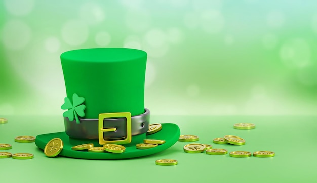 Cappello verde con monete d'oro su sfondo verde bokeh. rendering 3D. Sfondo del giorno di San Patrizio.