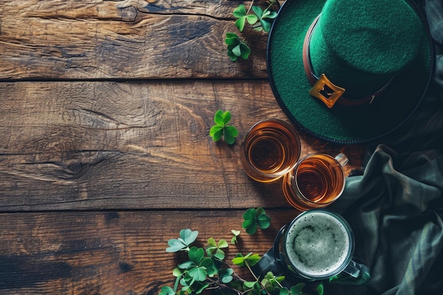 Cappello verde del giorno di San Patrizio e diversi tramorti a tre e quattro foglie su un tavolo di legno