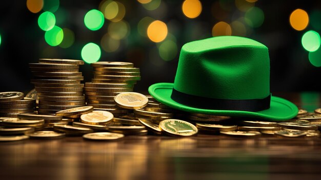Cappello verde in cima a una pila di monete d'oro su un tavolo di legno concetto di San Patrizio AI generativa
