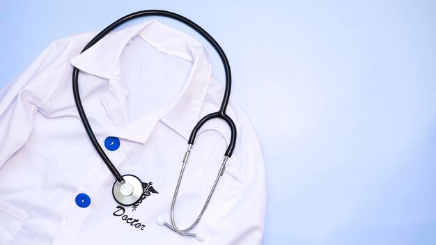 Cappotto e stetoscopio del medico su sfondo blu