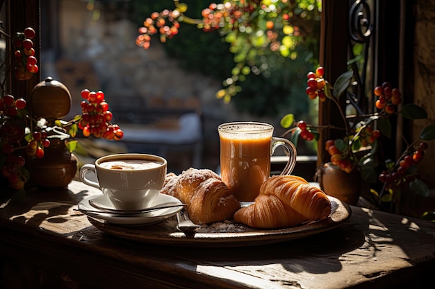 Cappuccini decorati al mattino soleggiato e colazione artistica sulla terrazza generativa IA