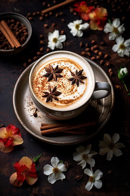 Cappuccino al caffè con latte art di colore marrone anice