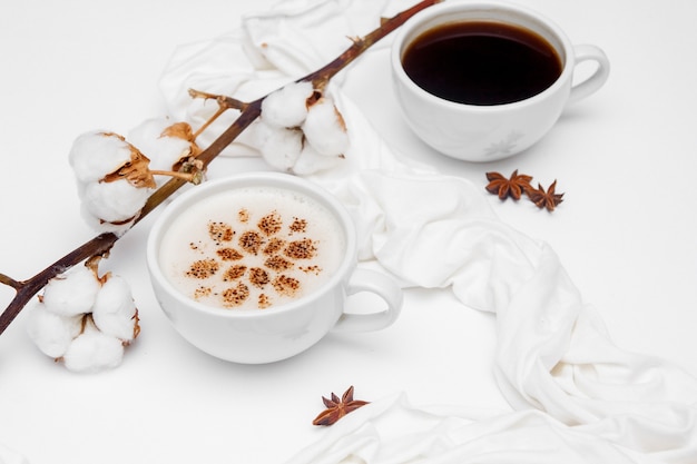 Cappuccino del caffè con le stelle dell'anice e della cannella su fondo bianco.