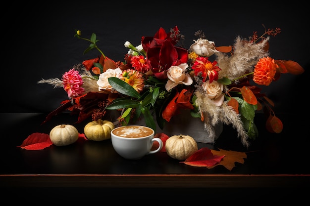 Cappuccino e bellissimi fiori ancora in vita. Composizione negozio di fiori. Tazza di caffè con schiuma, mela, bouquet di fiori freschi e secchi sulla tavola di legno nero. Arte fiorista e concetto di design floreale